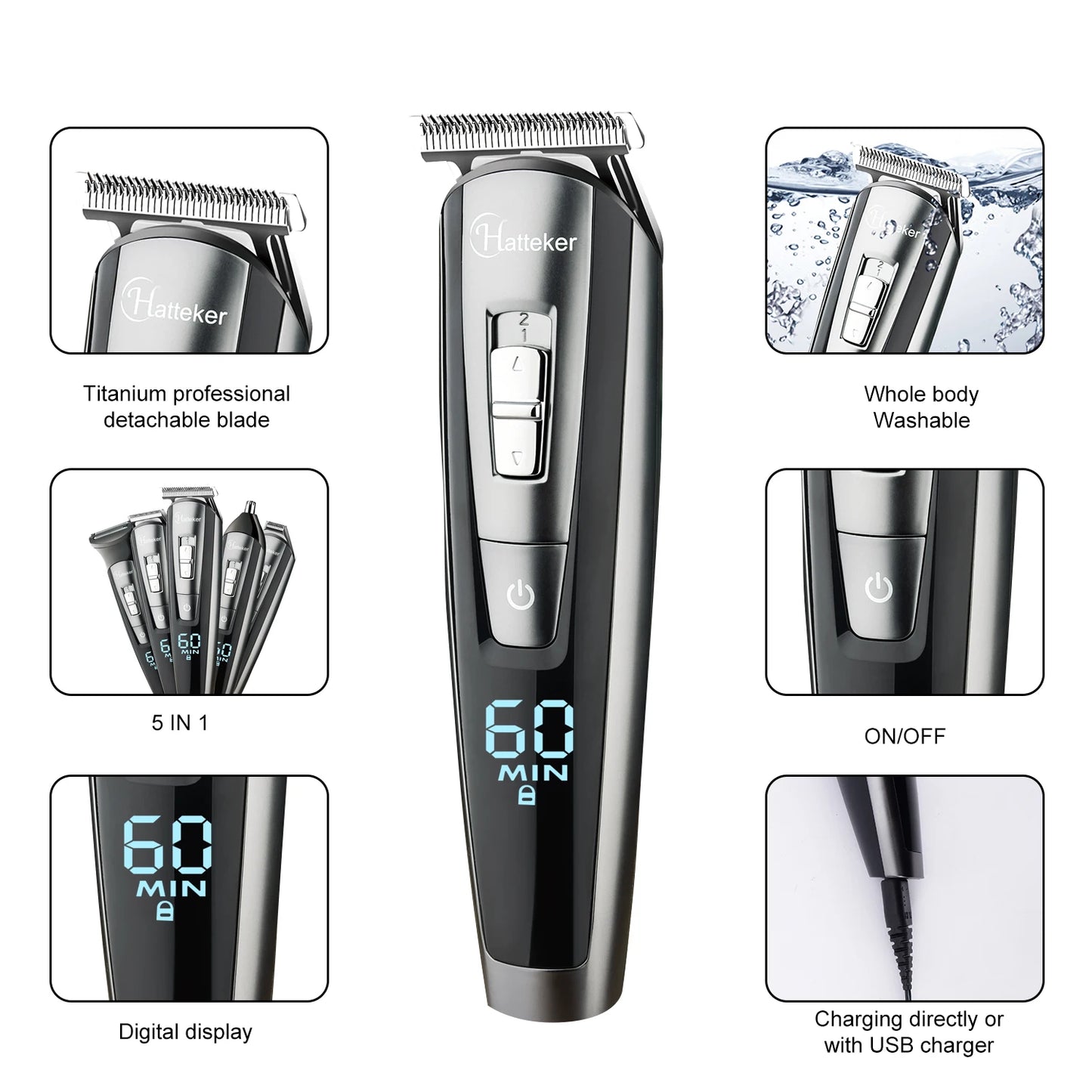 Hatteker 5in1 Adjust Hair Beard Trimmer Professional For Men Electric Shaver Hair Clipper Washable Facial&Body Groomer RFC-58805