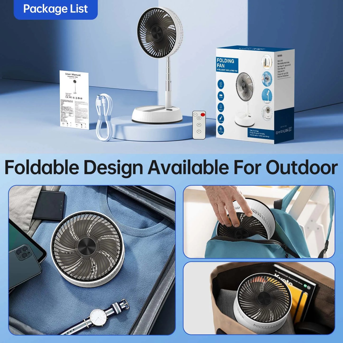 Remote control outdoor folding telescopic aluminum alloy fan timed shaking home office fan silent desktop floor 7200mAh fan