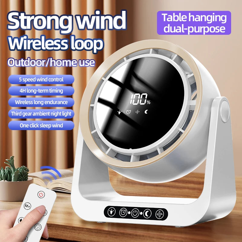 USB Desktop Fan Remote Control 4000mAh Rechargeable Wall Mount Table Air Circulator with Night Light for Office Bedroom