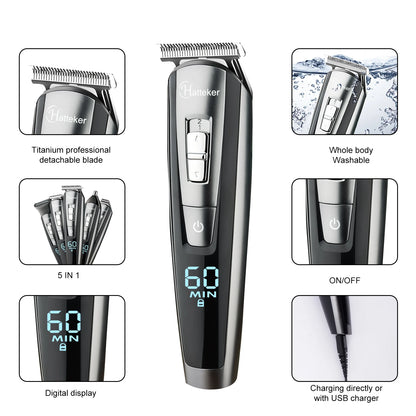 Hatteker 5in1 Adjust Hair Beard Trimmer Professional For Men Electric Shaver Hair Clipper Washable Facial&Body Groomer RFC-58805