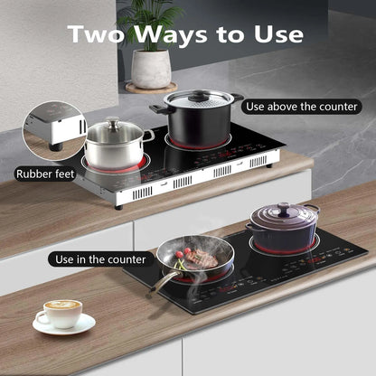 Noxton 2 Burners Electric Cooktop, 24" Built-in & Countertop Stove, Two Burner Ceramic Cooktop, Portable 110V Plug-in Cooktop