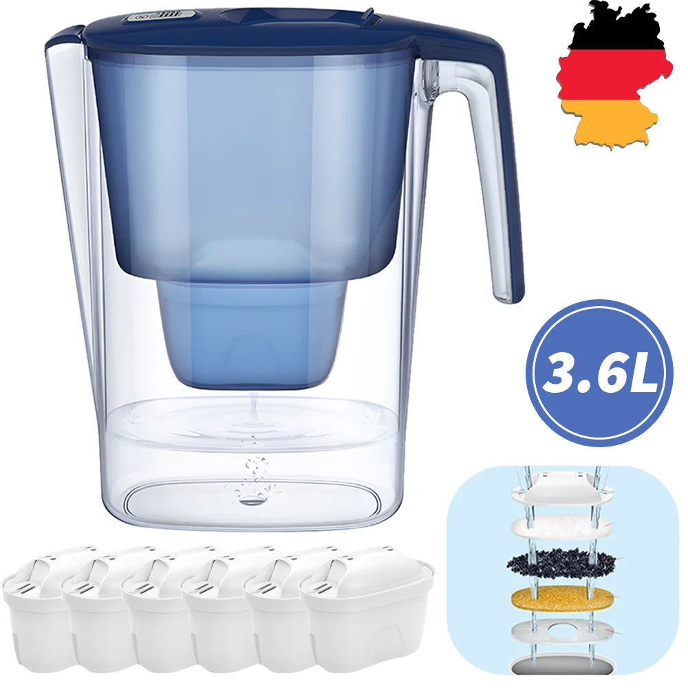 Household Filter Kettle with 6 Filter Device Activated Carbon Water Purifier and Filter Cartridges Non-toxic Filter Wate 3.6L