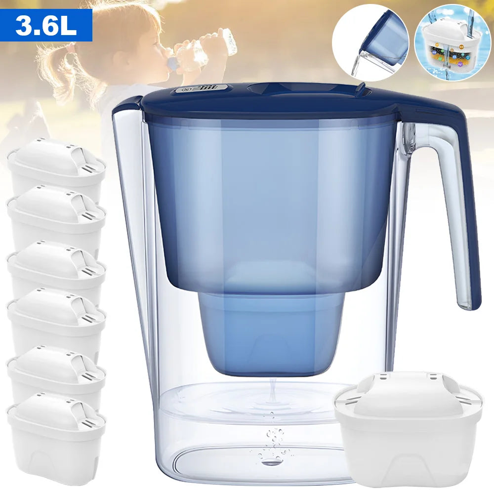 Household Filter Kettle with 6 Filter Device Activated Carbon Water Purifier and Filter Cartridges Non-toxic Filter Wate 3.6L