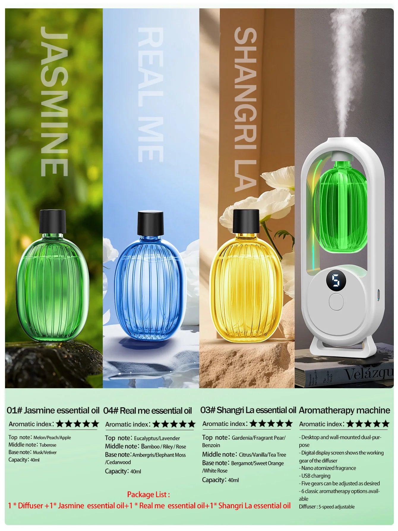 Rechargeable portable aromatherapy diffuser - Essential oil therapy machine - 6 types of aromatherapy oils -5 spray modes