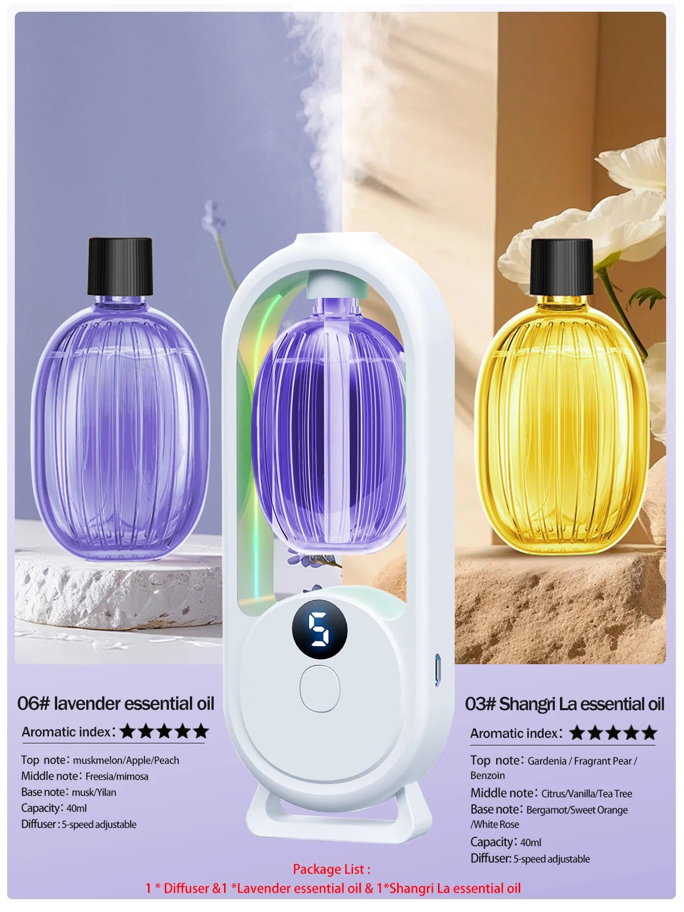 Rechargeable portable aromatherapy diffuser - Essential oil therapy machine - 6 types of aromatherapy oils -5 spray modes