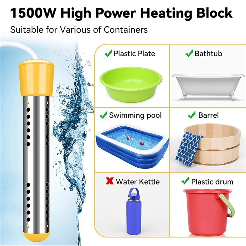 A78E-Immersion Water Heater, 1500W Electric Submersible Water Heater with Timer, Stainless Steel Guard Cover EU Plug