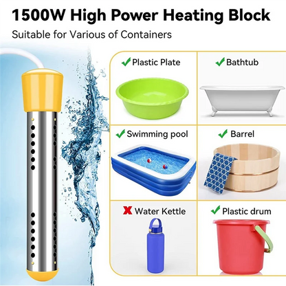 A78E-Immersion Water Heater, 1500W Electric Submersible Water Heater with Timer, Stainless Steel Guard Cover EU Plug