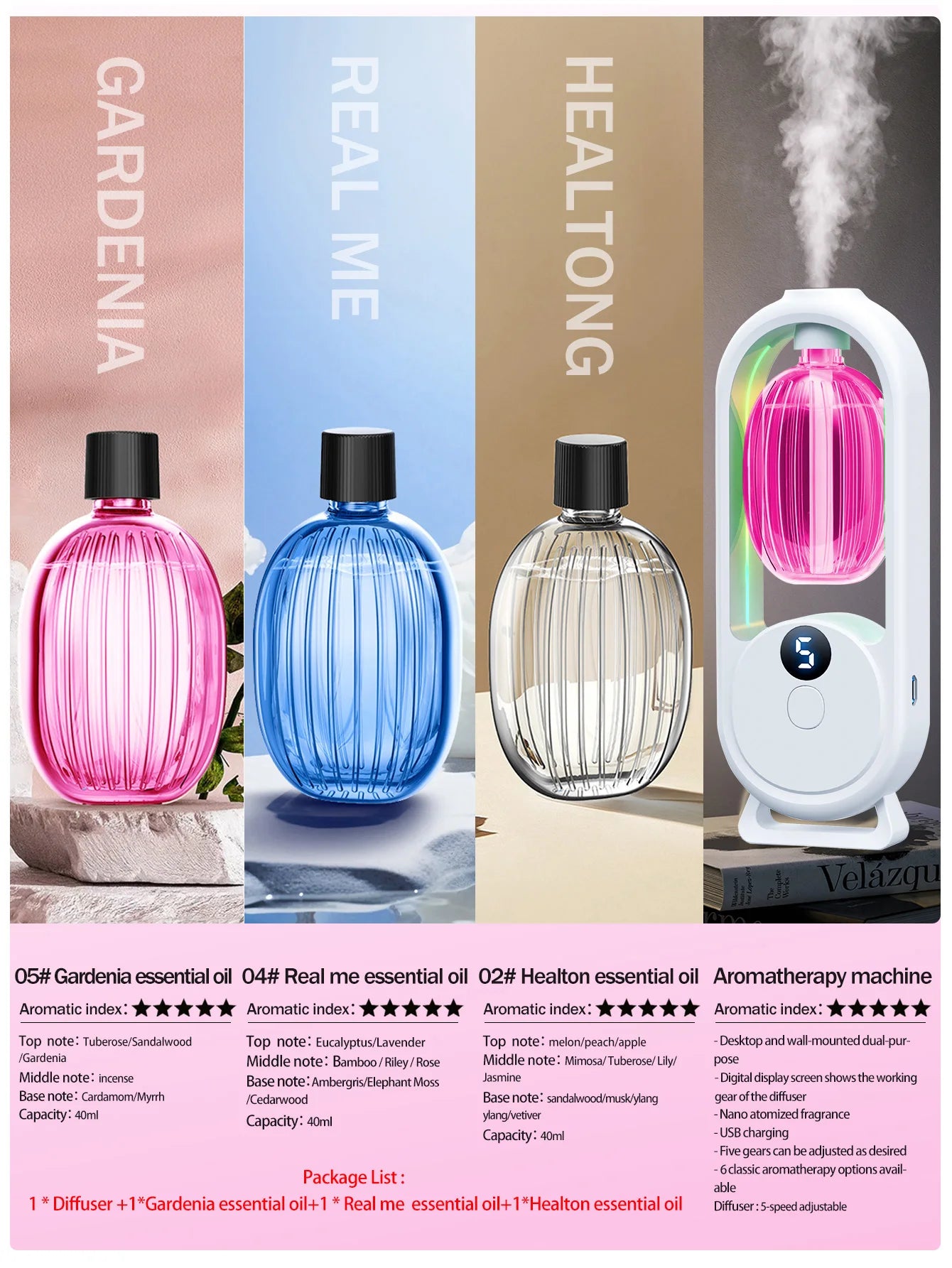 Rechargeable portable aromatherapy diffuser - Essential oil therapy machine - 6 types of aromatherapy oils -5 spray modes