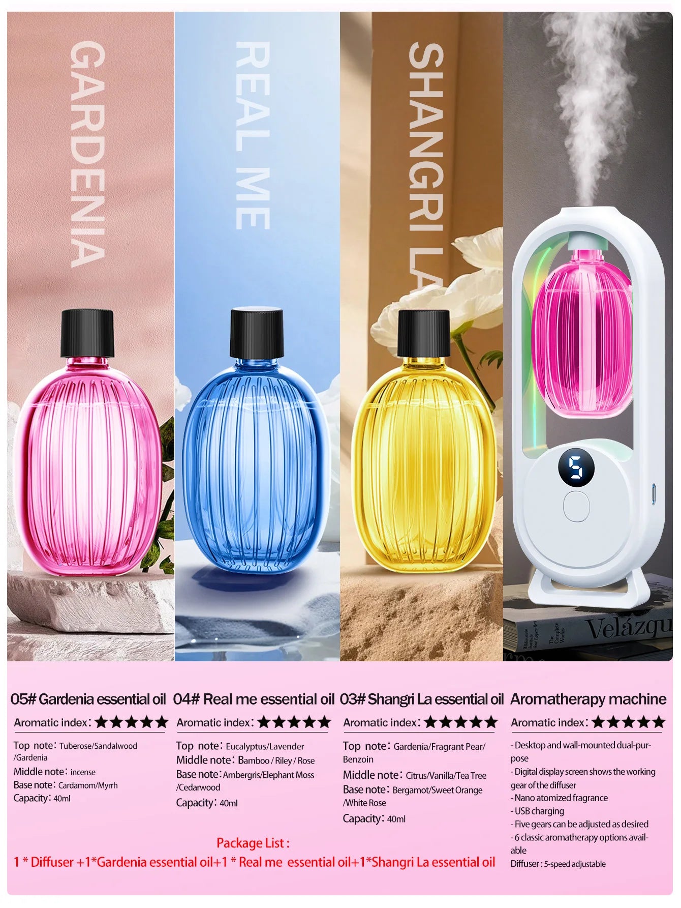 Rechargeable portable aromatherapy diffuser - Essential oil therapy machine - 6 types of aromatherapy oils -5 spray modes