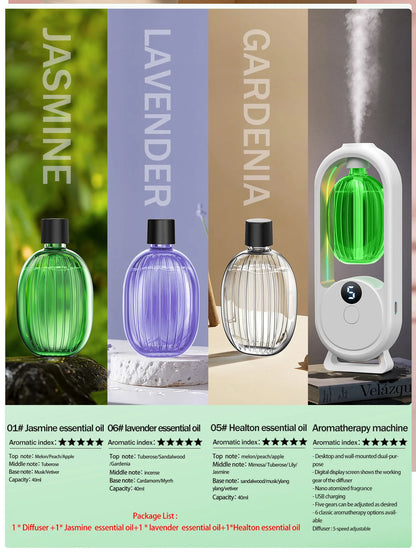 Rechargeable portable aromatherapy diffuser - Essential oil therapy machine - 6 types of aromatherapy oils -5 spray modes