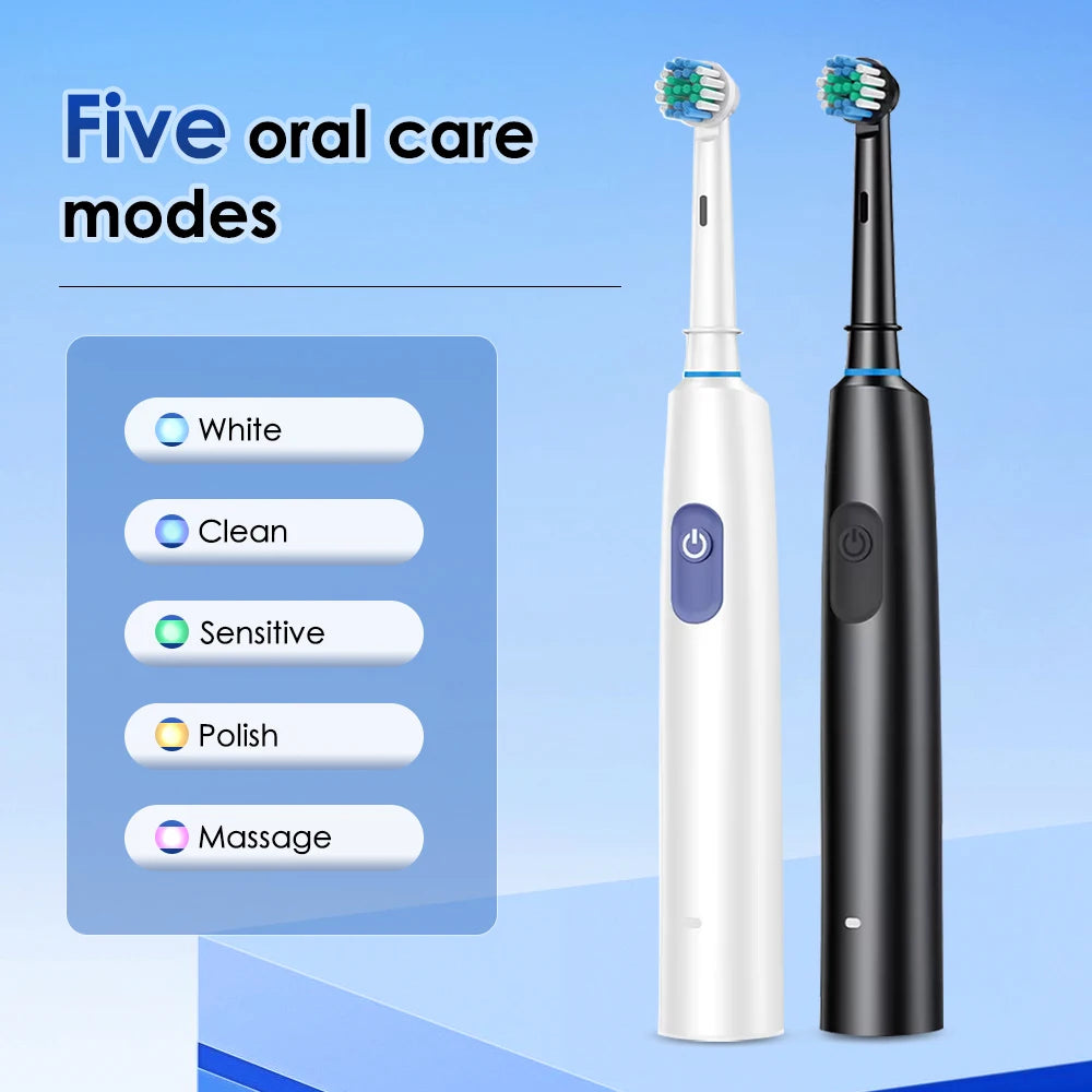 Electric Toothbrush Rotary Cleaning Teeth Brush Smart Timing with 4 Heads 5 Modes Setting Teeth Whitening Oral Car Rechargeable