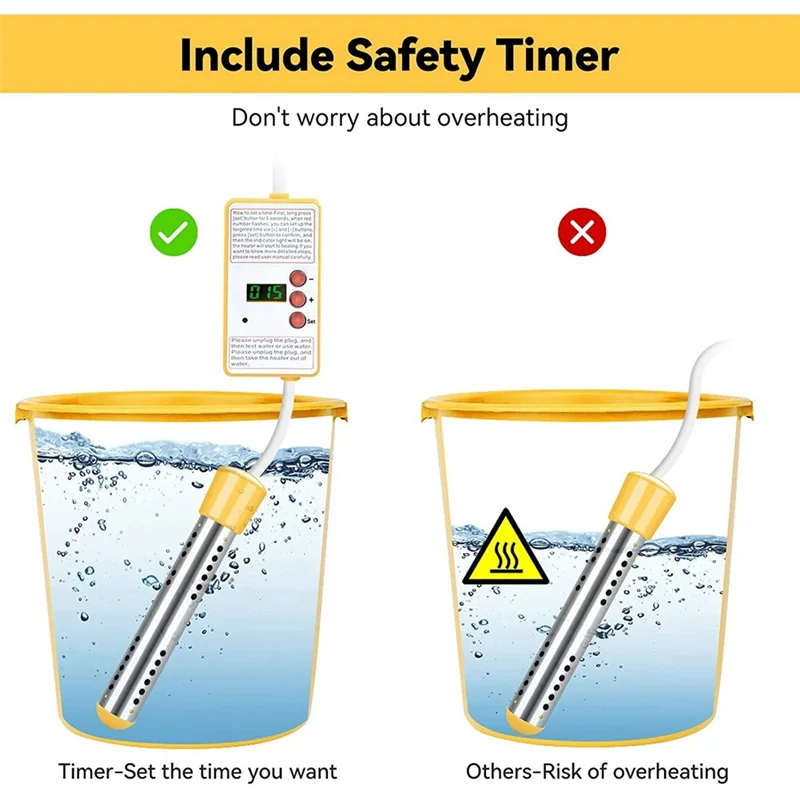 A78E-Immersion Water Heater, 1500W Electric Submersible Water Heater with Timer, Stainless Steel Guard Cover EU Plug