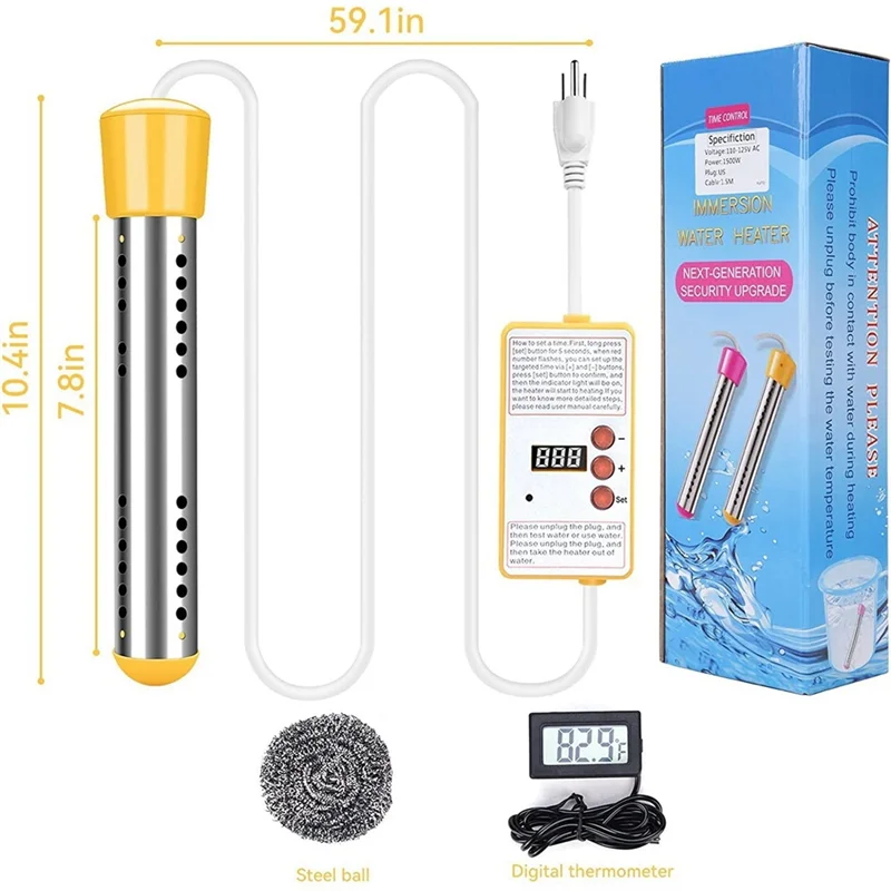 A78E-Immersion Water Heater, 1500W Electric Submersible Water Heater with Timer, Stainless Steel Guard Cover EU Plug