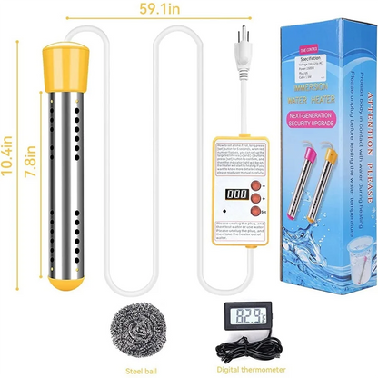 A78E-Immersion Water Heater, 1500W Electric Submersible Water Heater with Timer, Stainless Steel Guard Cover EU Plug