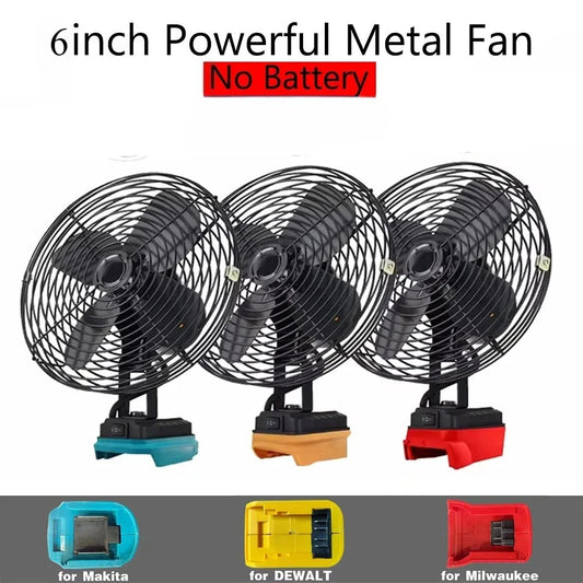 6In Camping Fan Outdoor Fishing Wireless Desktop Portable Metal Strong Wind Fan FIt Makita/Dewalt/Milwaukee 20V Battery