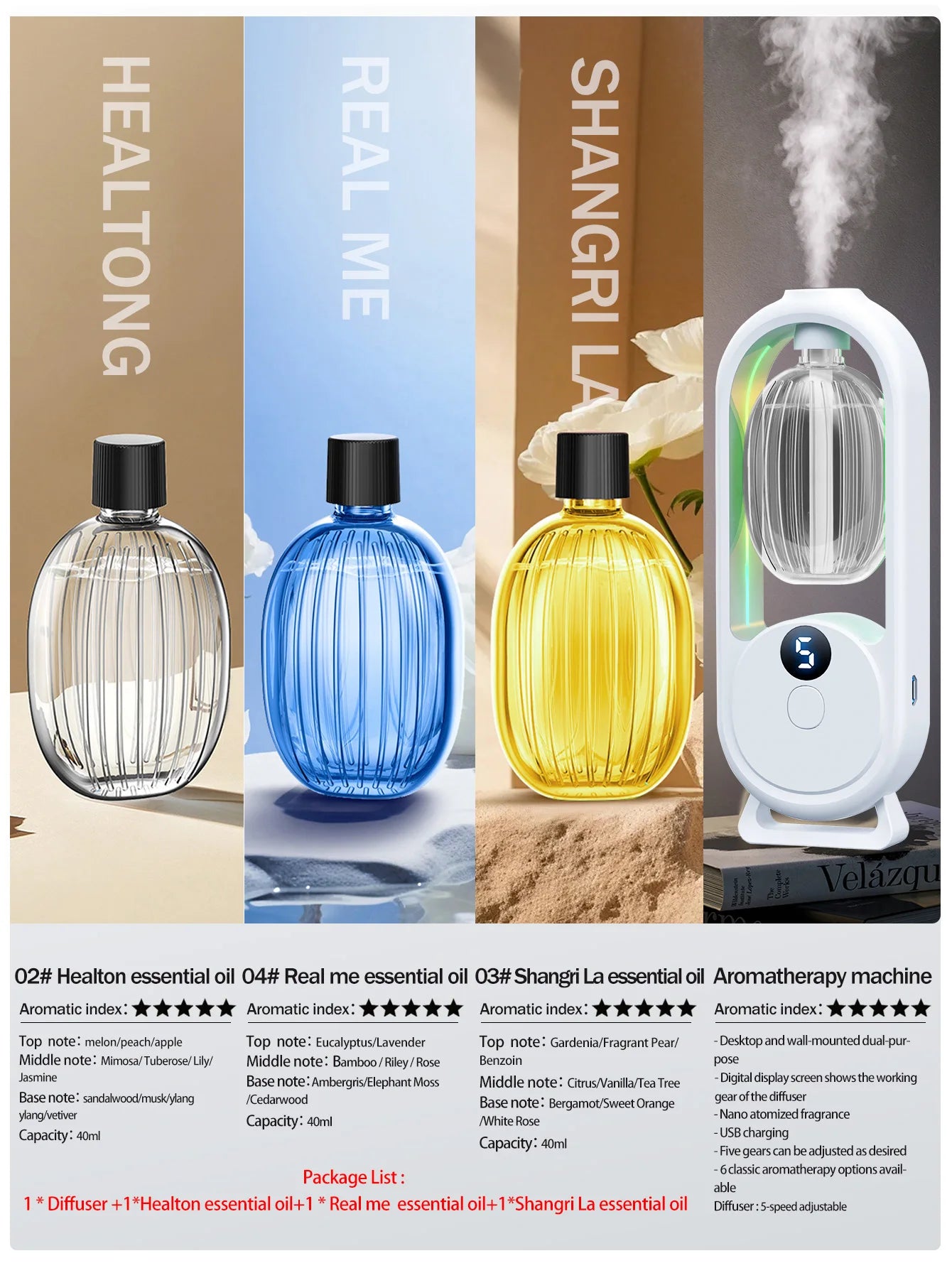 Rechargeable portable aromatherapy diffuser - Essential oil therapy machine - 6 types of aromatherapy oils -5 spray modes