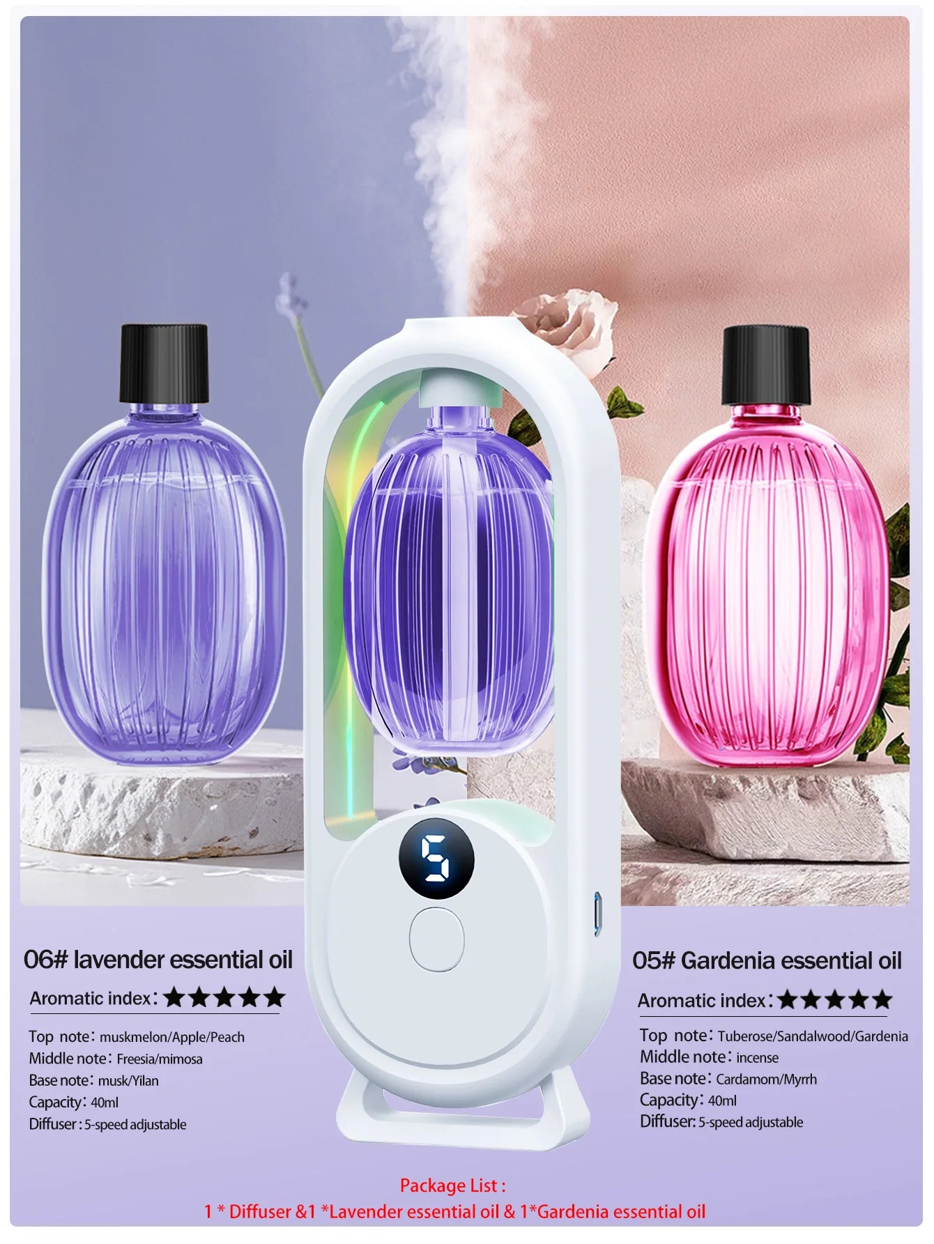 Rechargeable portable aromatherapy diffuser - Essential oil therapy machine - 6 types of aromatherapy oils -5 spray modes