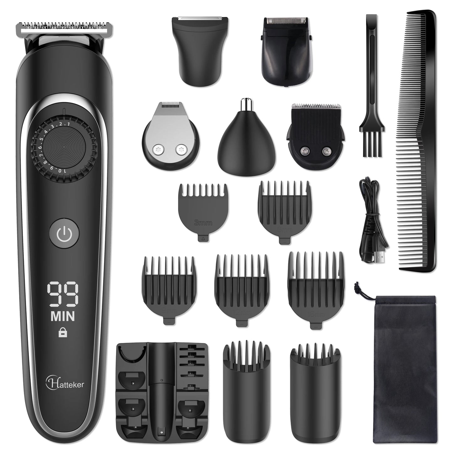 Hatteker 5-in-1 Professional Hair Trimmer for Men Rechargeable Electric Razor Adjustable Precision Waterproof Grooming kit