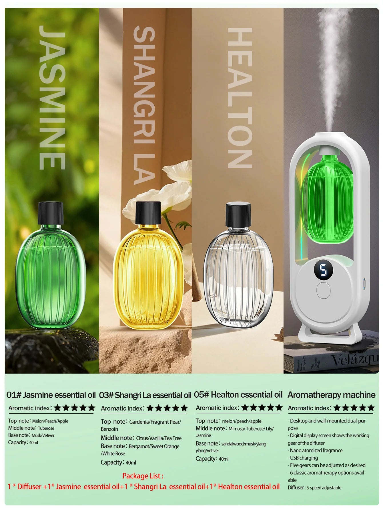 Rechargeable portable aromatherapy diffuser - Essential oil therapy machine - 6 types of aromatherapy oils -5 spray modes