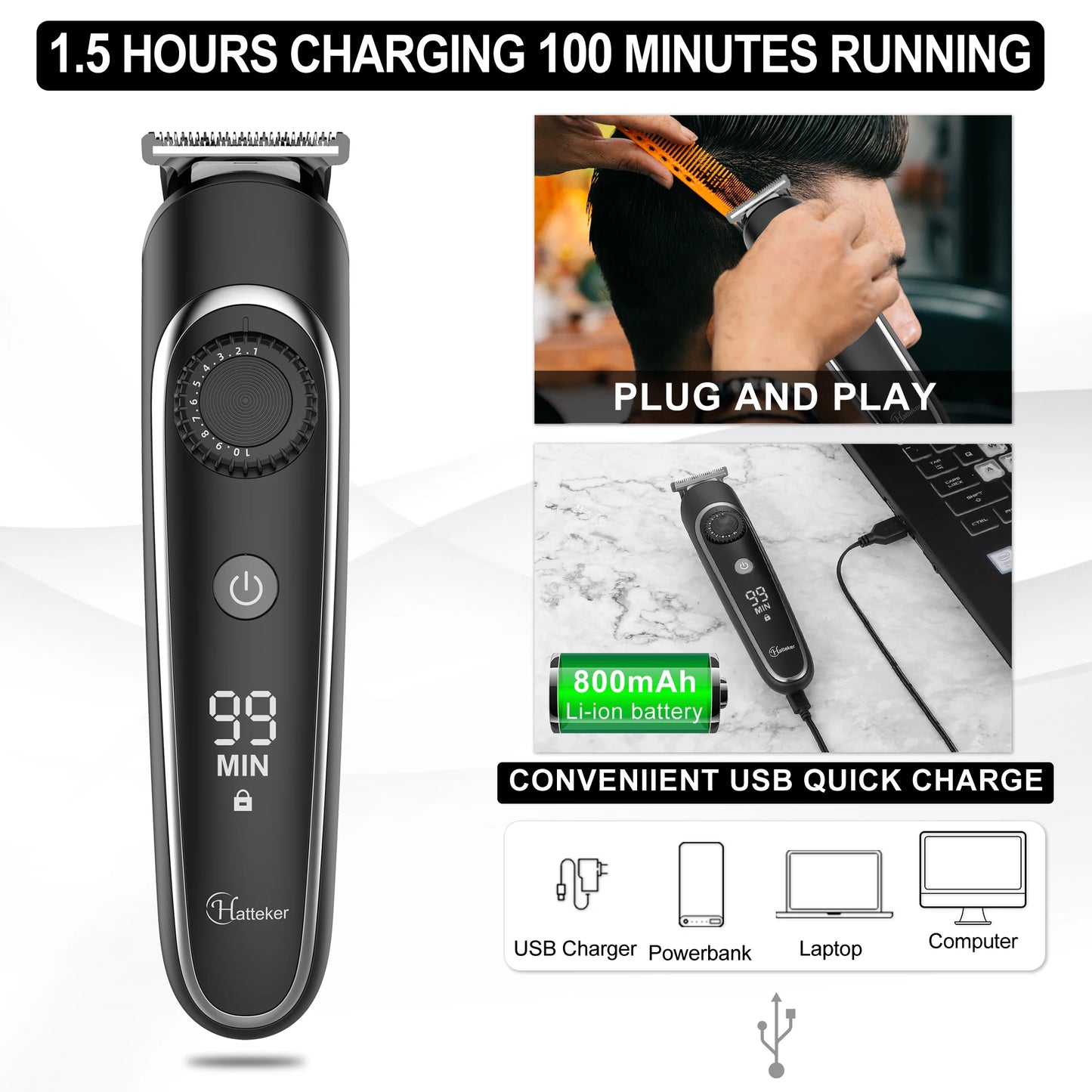 Hatteker 5-in-1 Professional Hair Trimmer for Men Rechargeable Electric Razor Adjustable Precision Waterproof Grooming kit