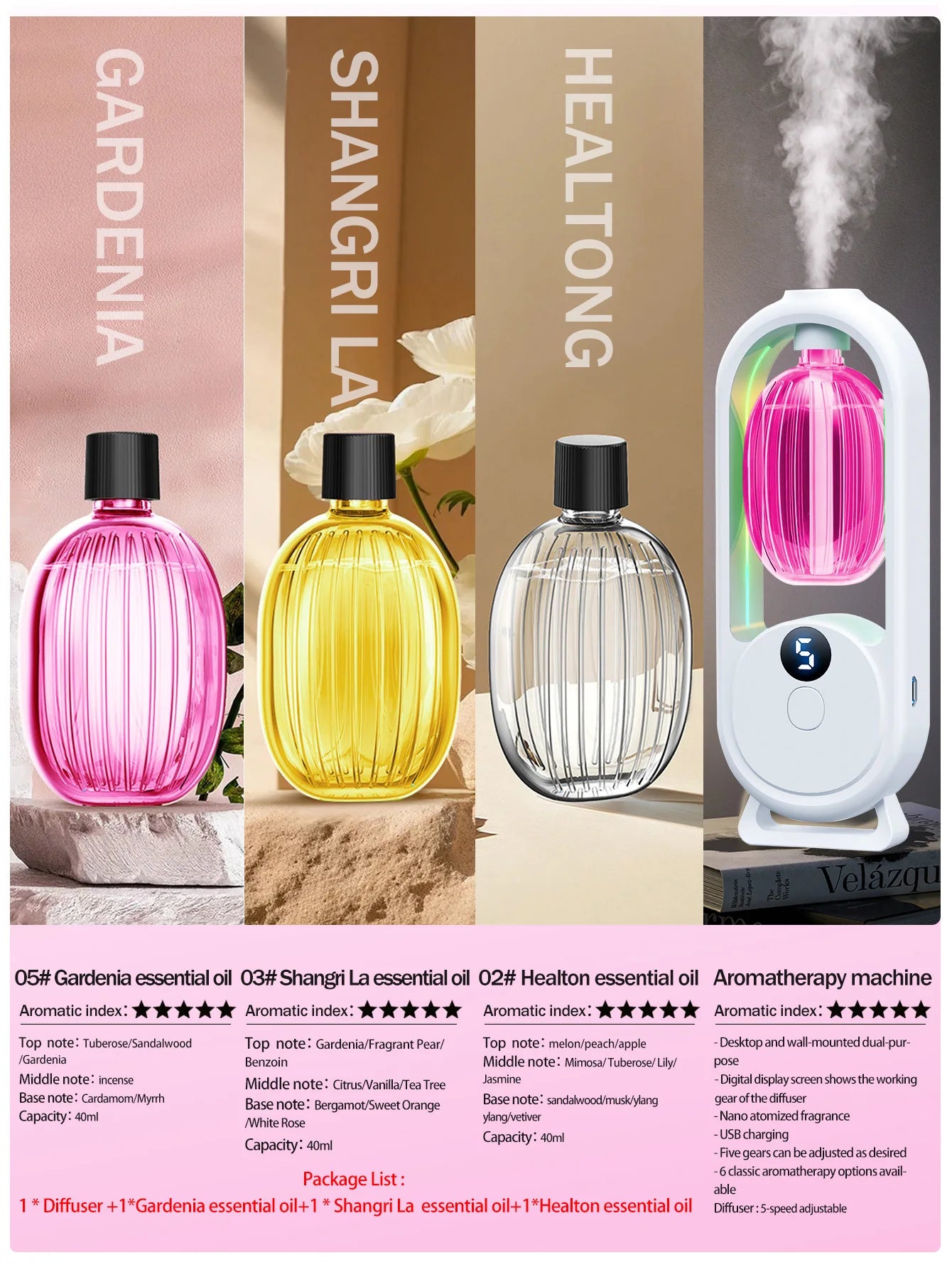 Rechargeable portable aromatherapy diffuser - Essential oil therapy machine - 6 types of aromatherapy oils -5 spray modes