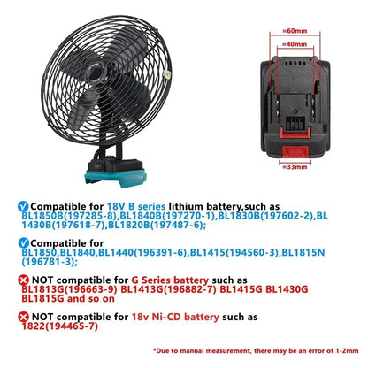 6In Camping Fan Outdoor Fishing Wireless Desktop Portable Metal Strong Wind Fan FIt Makita/Dewalt/Milwaukee 20V Battery