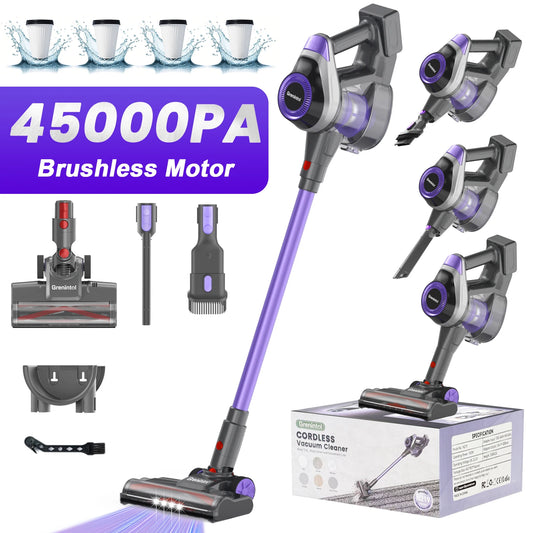 Grenintol Cordless Vacuum Cleaner 45000Pa 350W 80Min 8-in-1 Quiet Stick Vacuum for Carpet Pet Hair Hard Floor HEPA*4