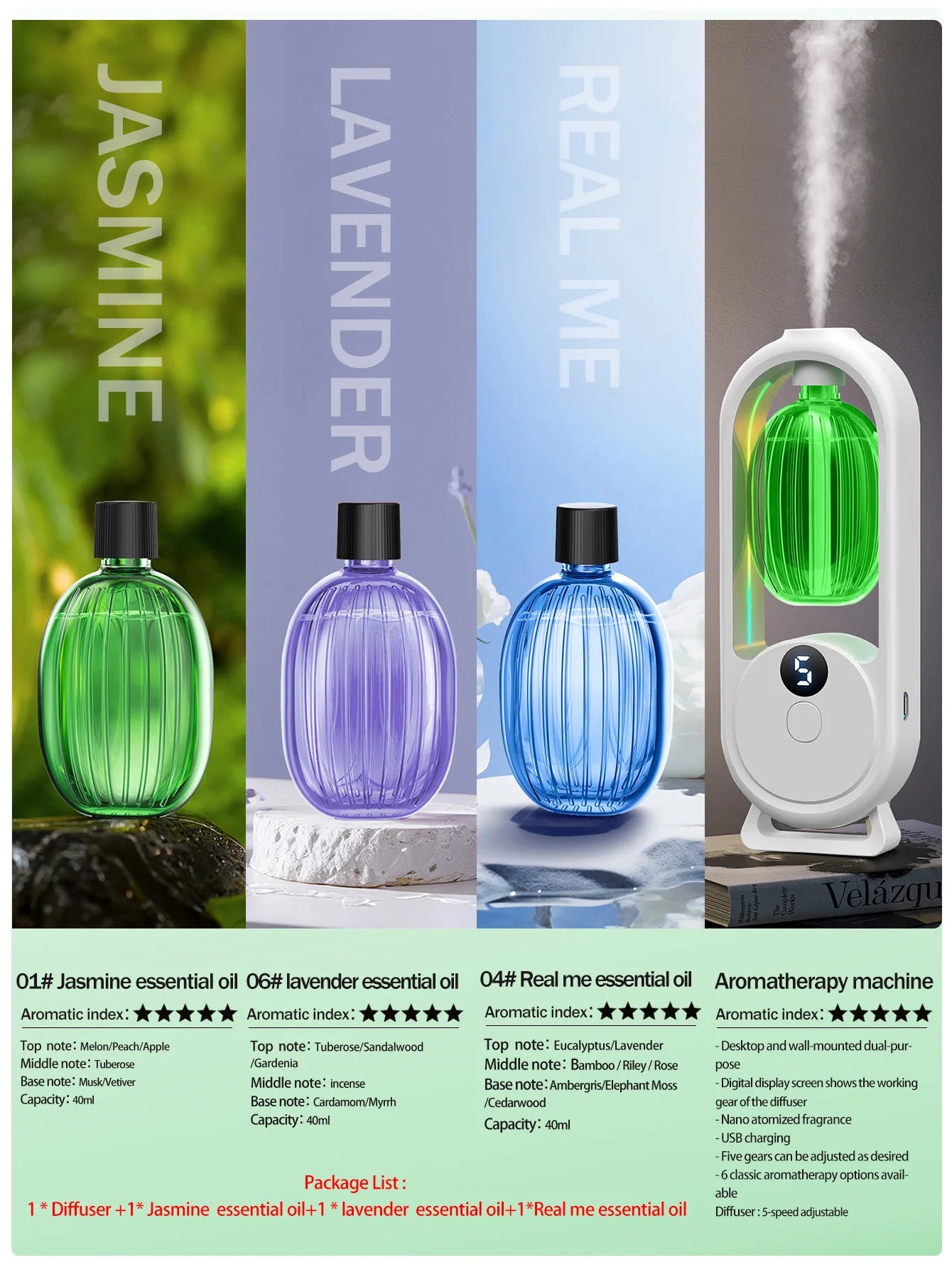Rechargeable portable aromatherapy diffuser - Essential oil therapy machine - 6 types of aromatherapy oils -5 spray modes
