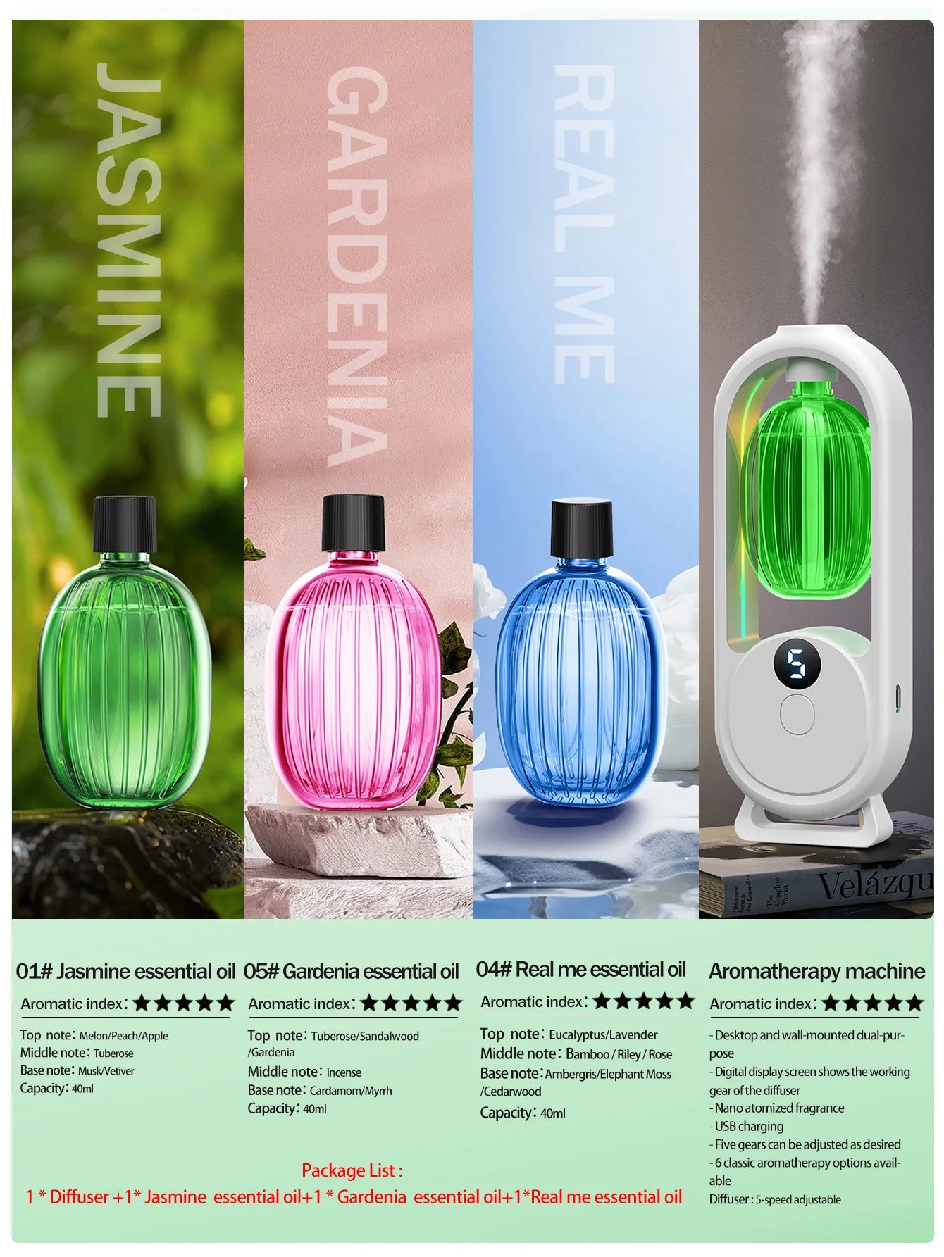 Rechargeable portable aromatherapy diffuser - Essential oil therapy machine - 6 types of aromatherapy oils -5 spray modes